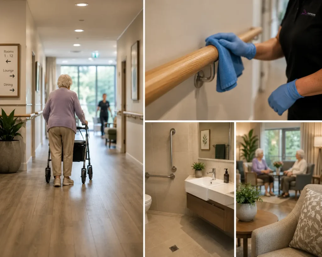 Aged care resident walking through a clean facility with images of handrail cleaning, an accessible bathroom and communal living area