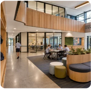 Modern Australian school interior with classrooms and shared learning spaces