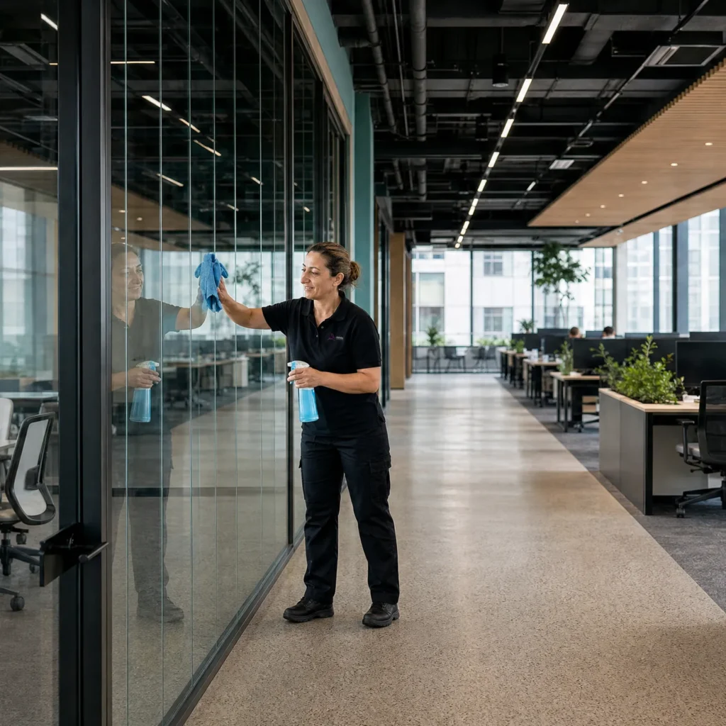 Cleaner wiping glass doors in a modern retirement living community office area.