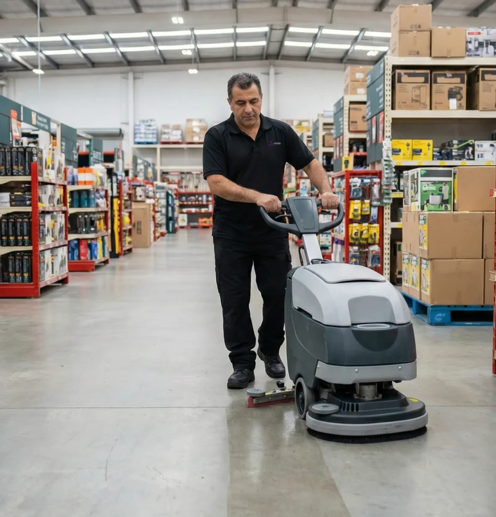 Cleaner using a commercial floor scrubber in a large retail store.