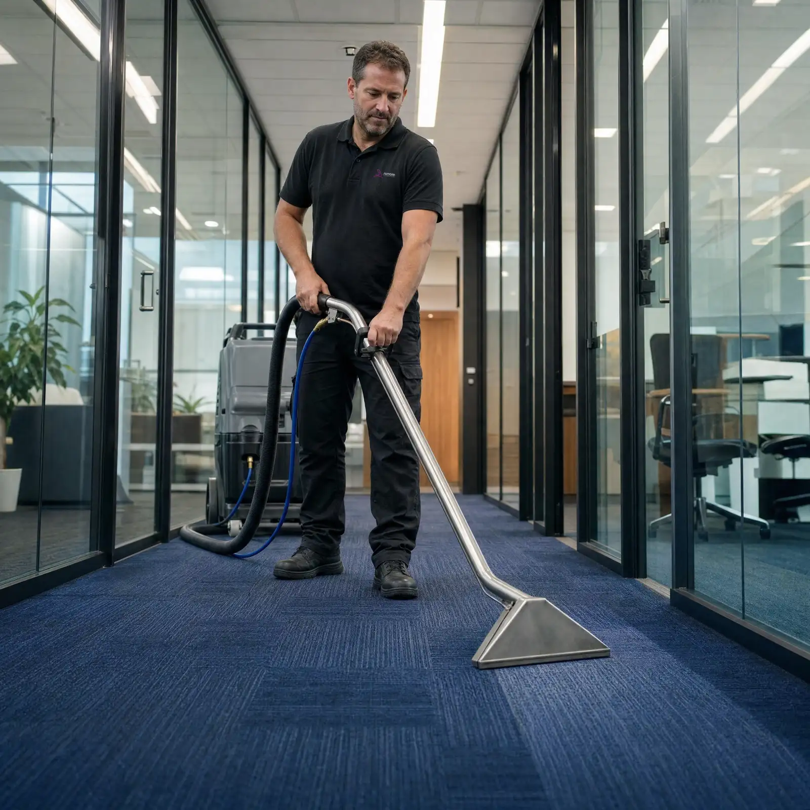 Commercial cleaner steam cleaning office carpet with professional extraction equipment